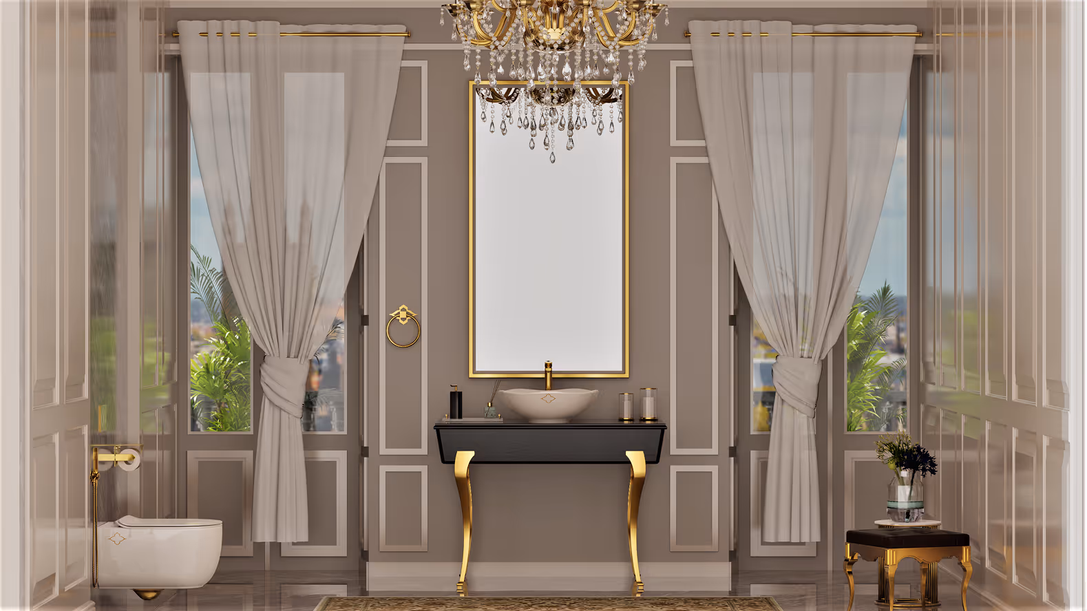 Classical bathroom with gold console basin, chandelier, tall mirror, curtains and wall-hung toilet