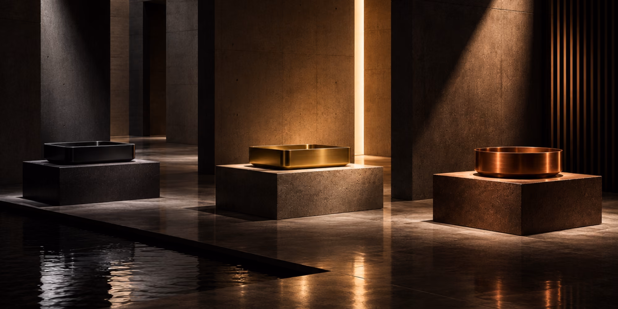 Three Inox rectangular basins in black, gold and copper displayed on plinths in a dark hall