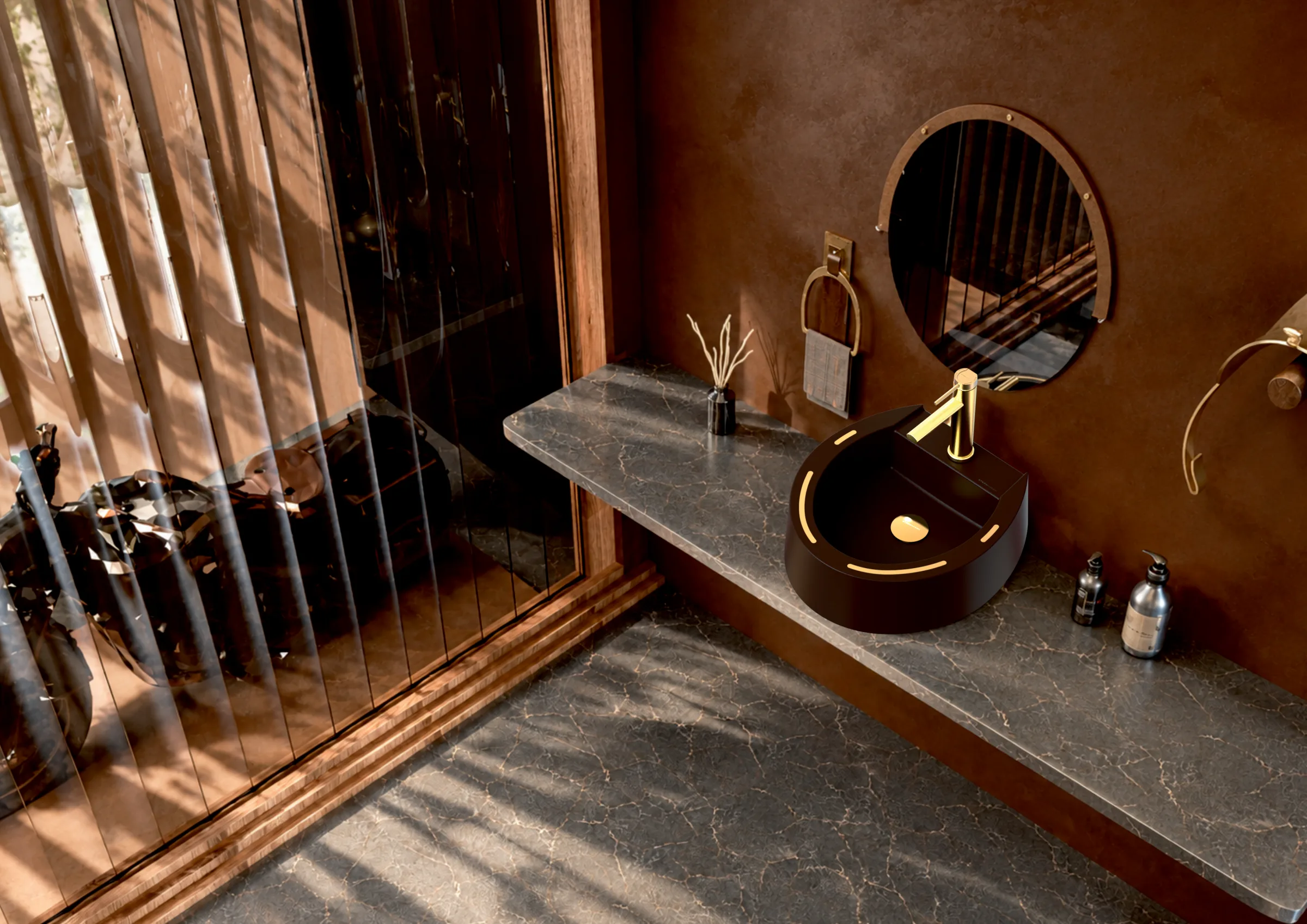 Black Shü basin with gold inlays on a veined grey stone ledge, a motorcycle visible behind slatted glass