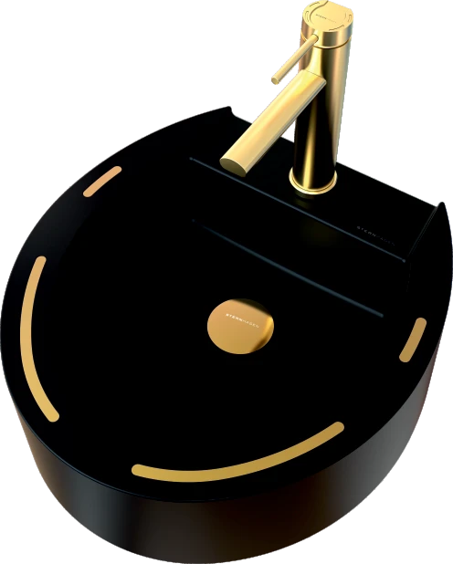 Shü basin in black with champagne-gold inlays and faucet