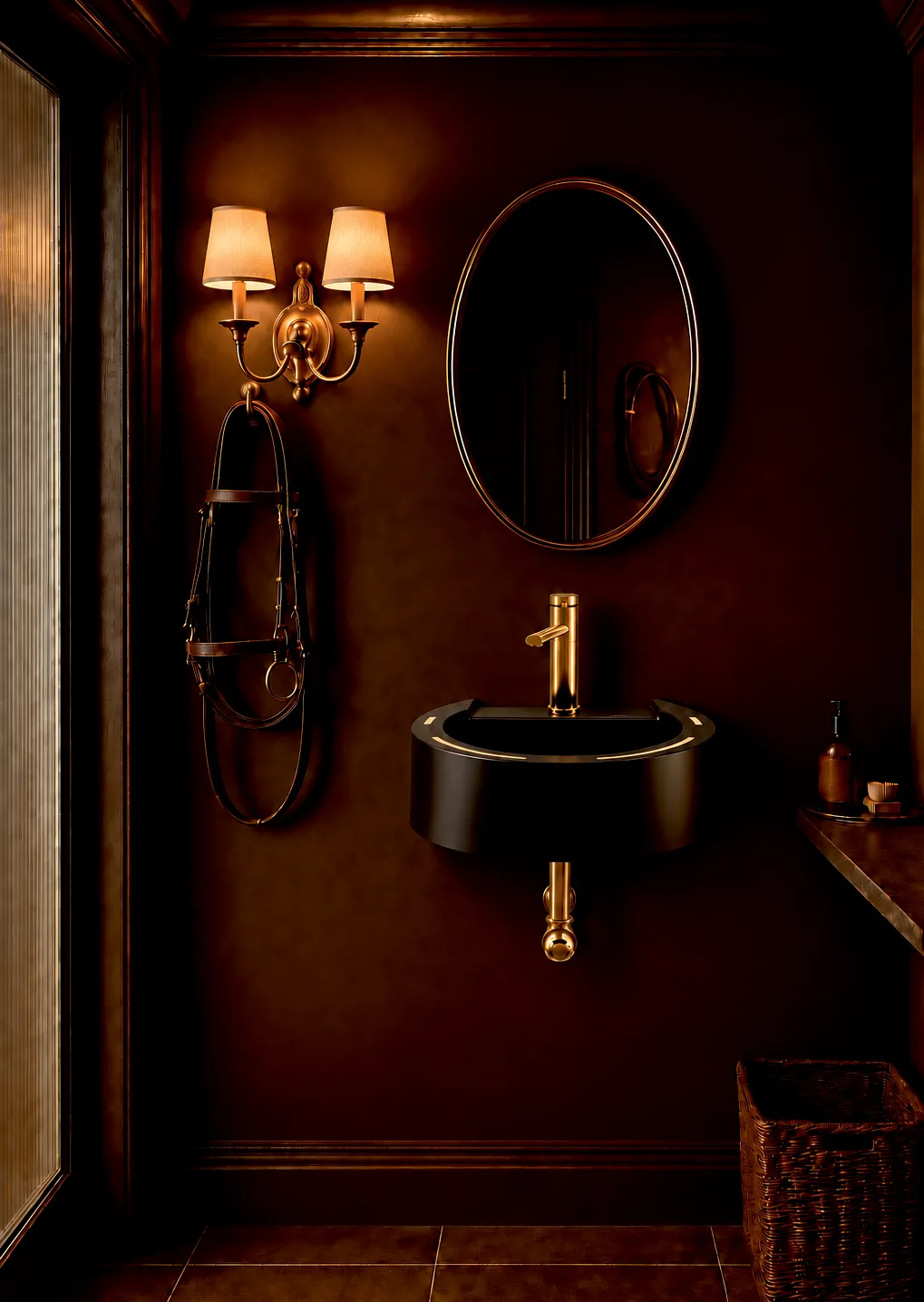 Wall-hung black Shü basin under an oval gilt mirror with a leather bridle and twin-shade sconce