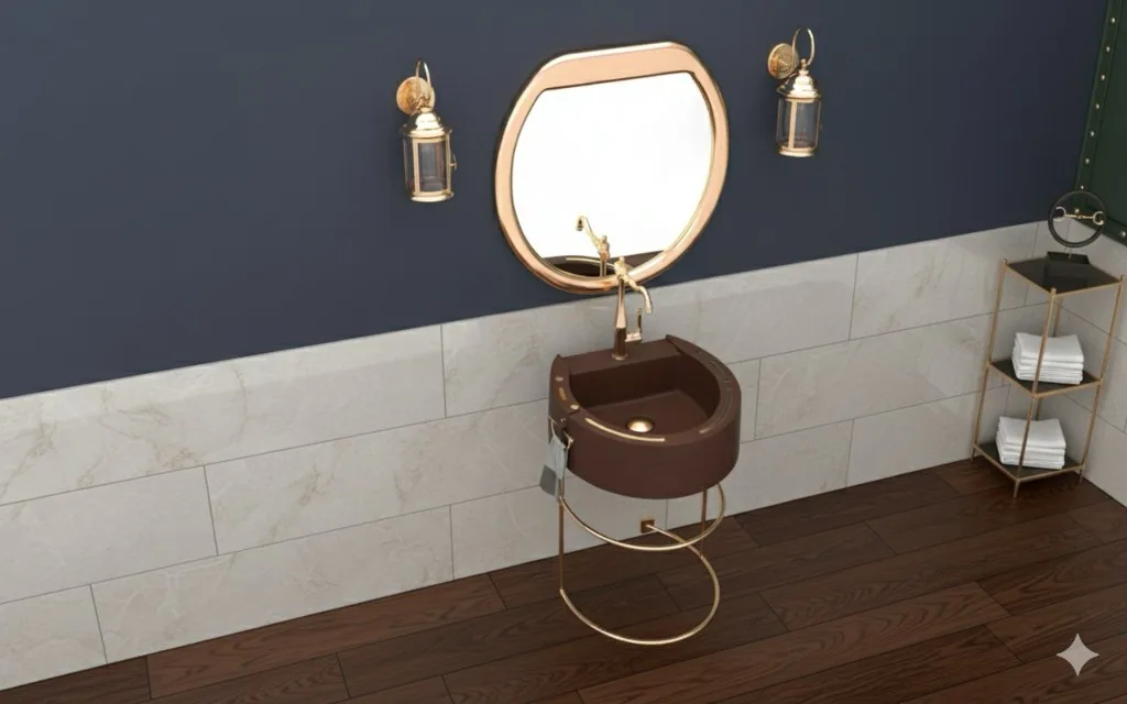 Brown Shü basin on a champagne-gold stand beneath a rounded gold mirror and two lantern sconces