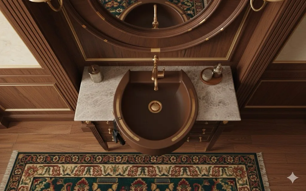 Top-down view of a brown Shü basin set into a marble vanity surrounded by walnut panelling and a Persian rug