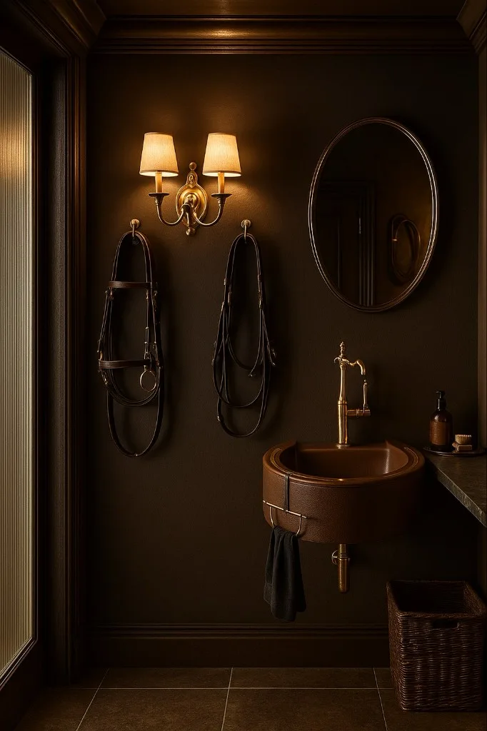 Wall-hung brown Shü basin with brass tap in a dim room with bridles hanging on hooks